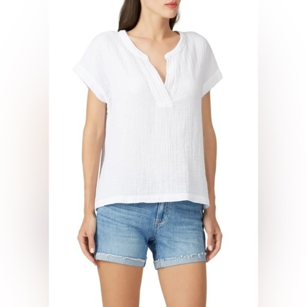 Xirena Addie Gauze White V-Neck Cap Rolled Short Sleeve Top XS OVERSIZED